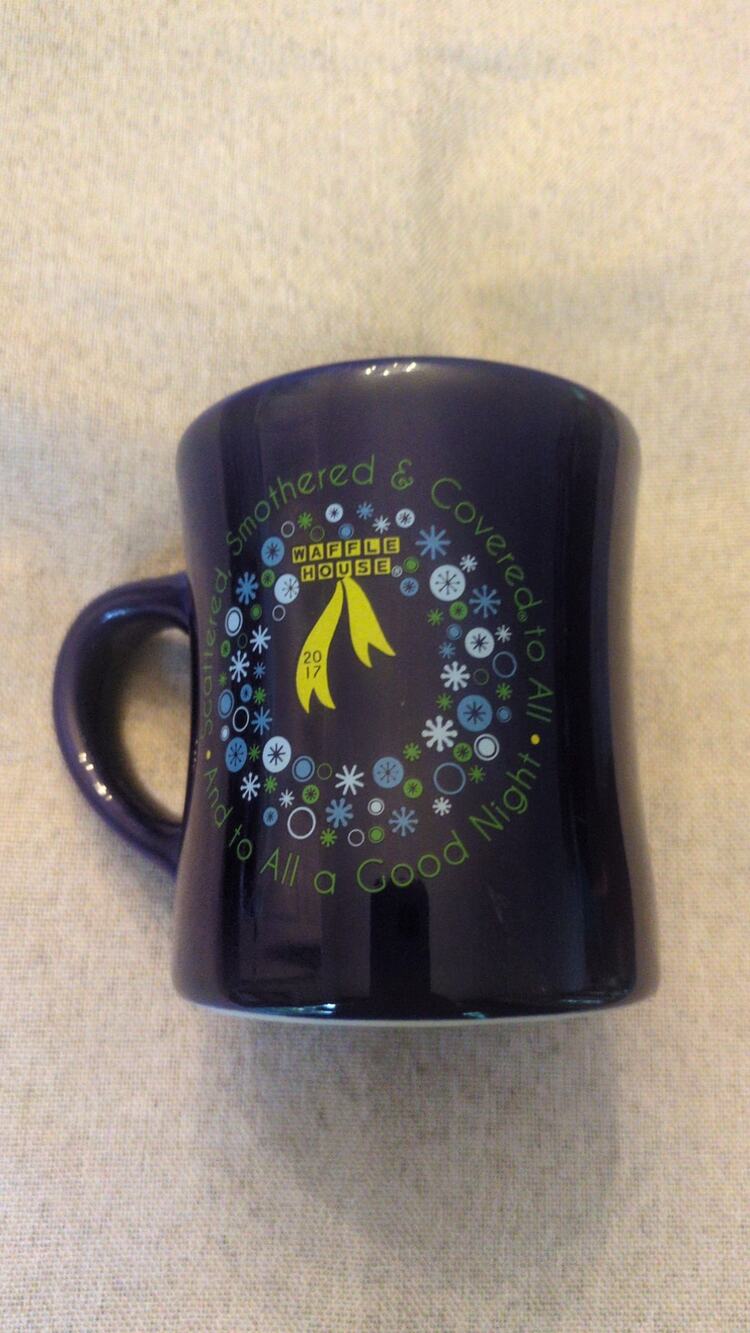 Waffle House 2017 Winter Wreath Blue Mug, Scattered Smothered & Covered